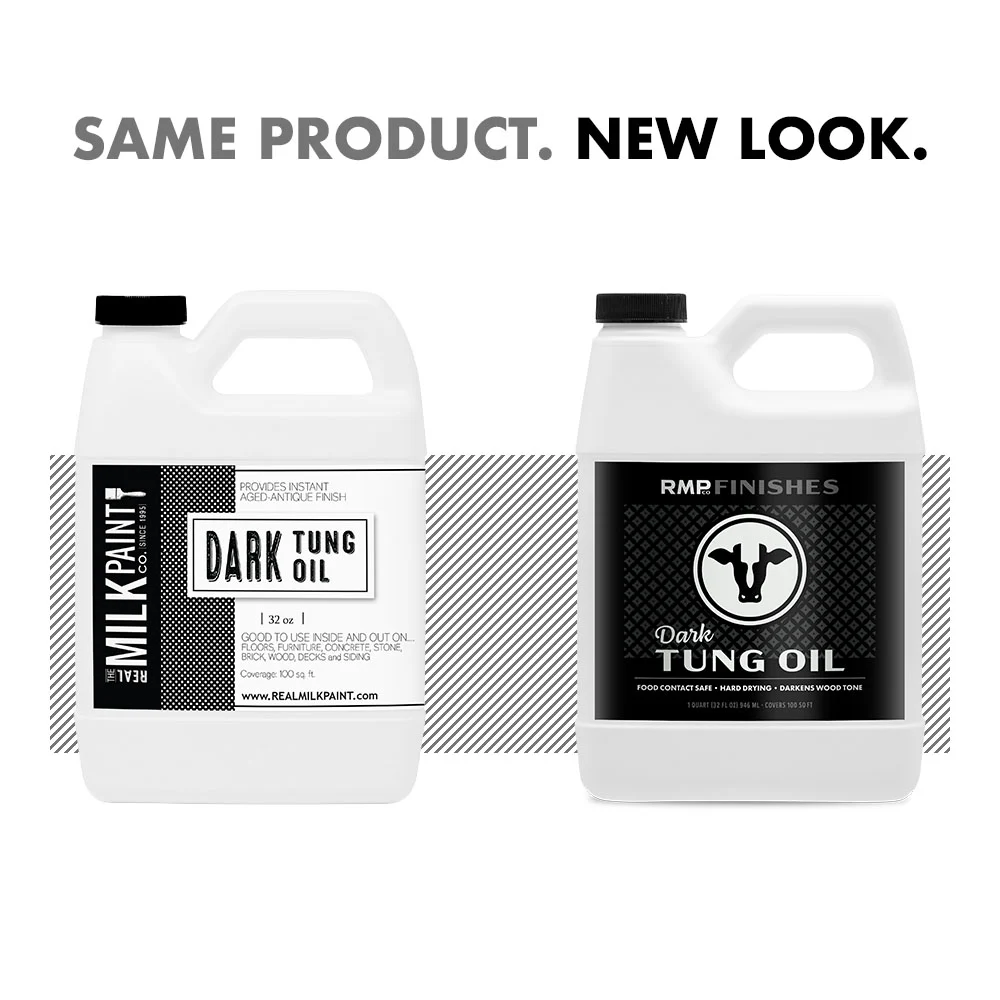 Real Milk Paint Co Dark Tung Oil transitioning to RMP Finishes Dark Tung Oil. The image shows the old and new bottles side-by-side with the text: Same Product. New Look.