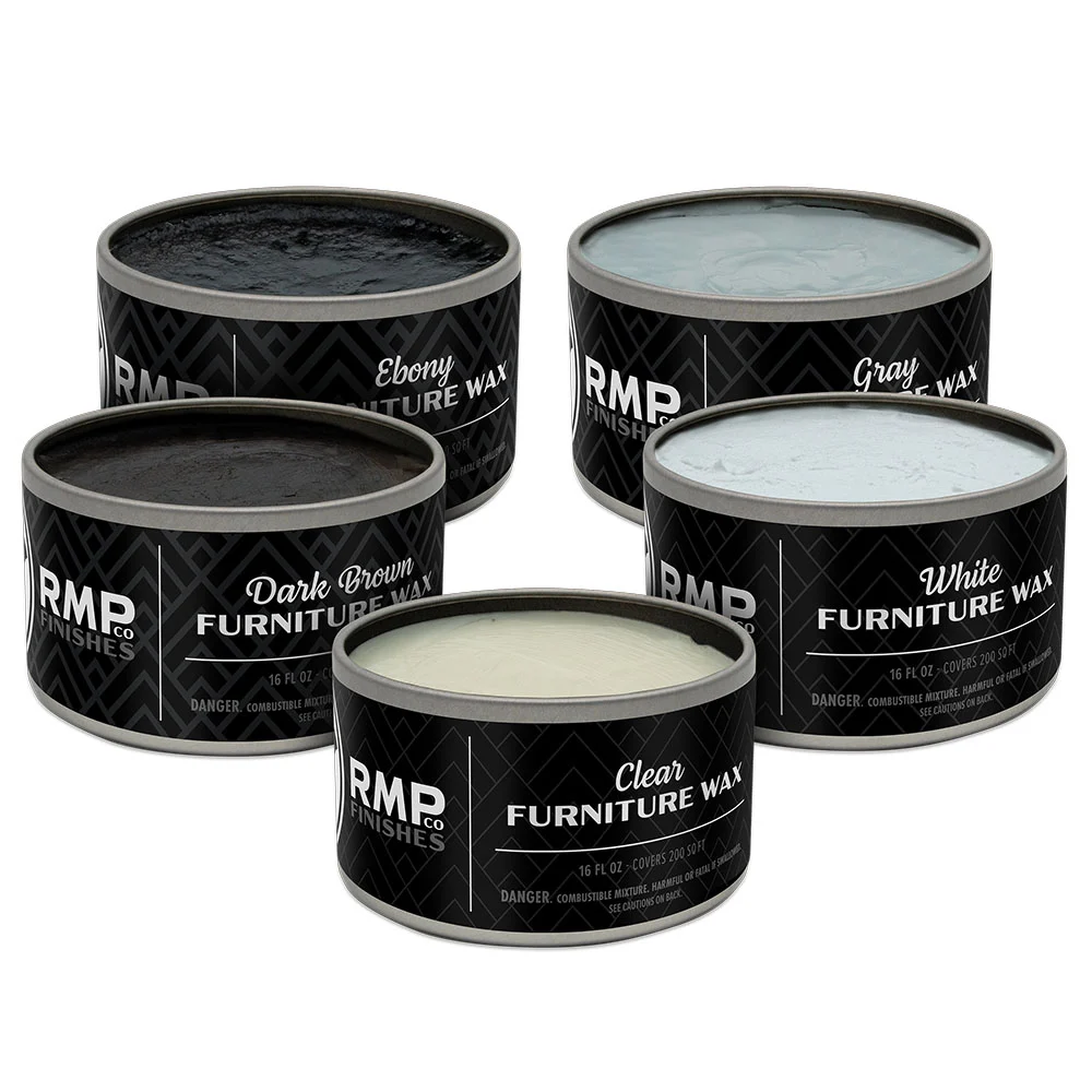 RMP Finishes Furniture Wax collection of various sizes front view.