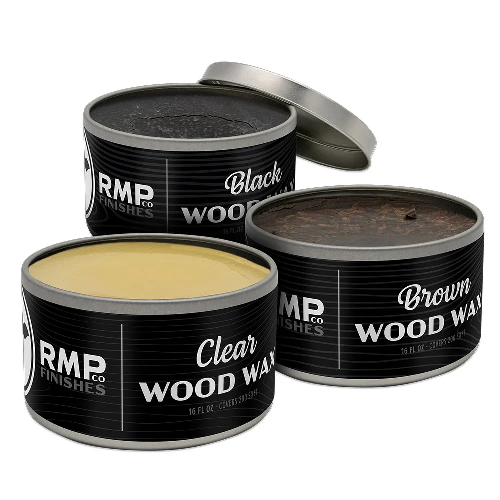 RMP Finishes plant-based, no VOC, food contact safe Wood Wax in Clear, Brown, and Black color options.