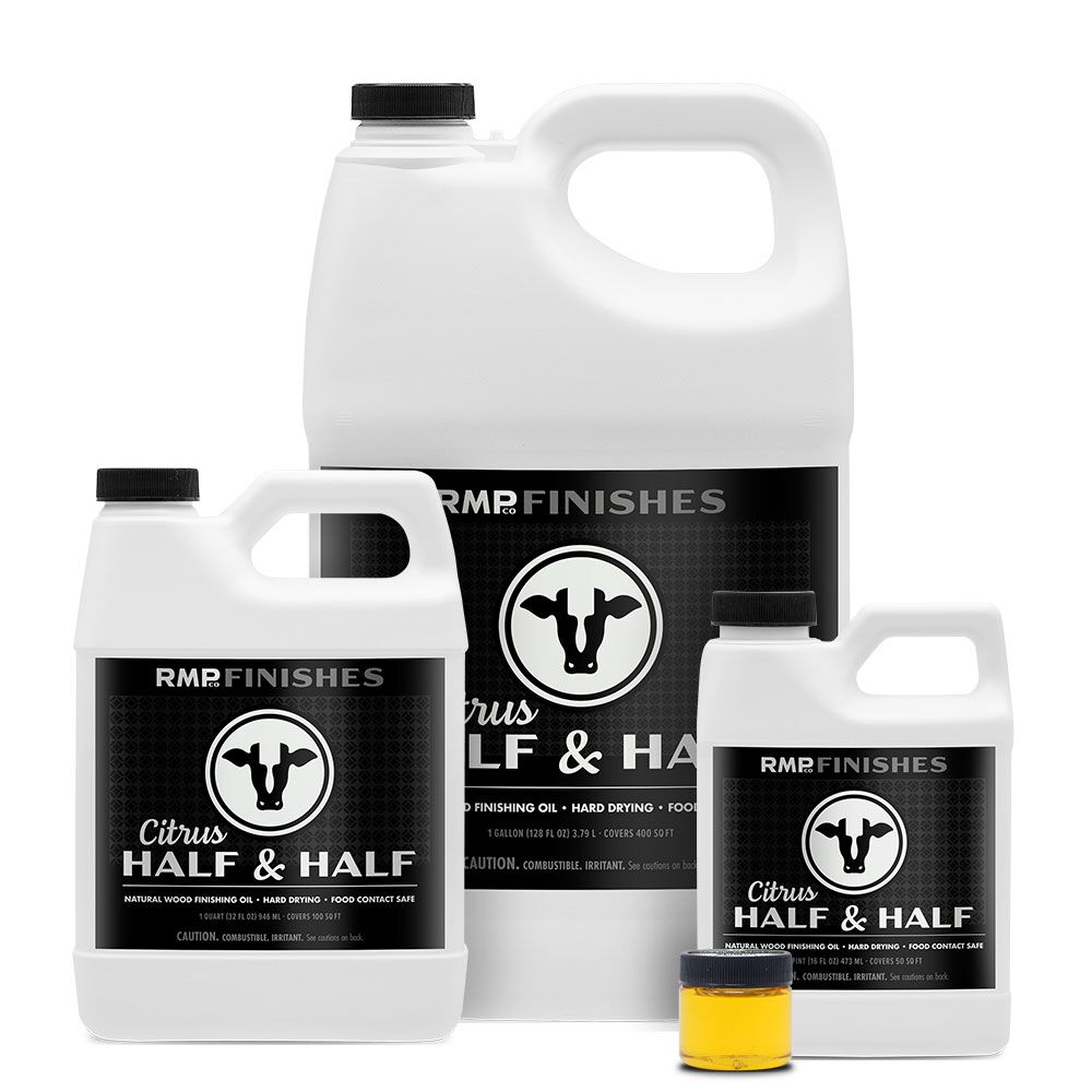 RMP Finishes Half & Half Tung Oil and Citrus Solvent food-safe wood finish collection of various sizes front view.