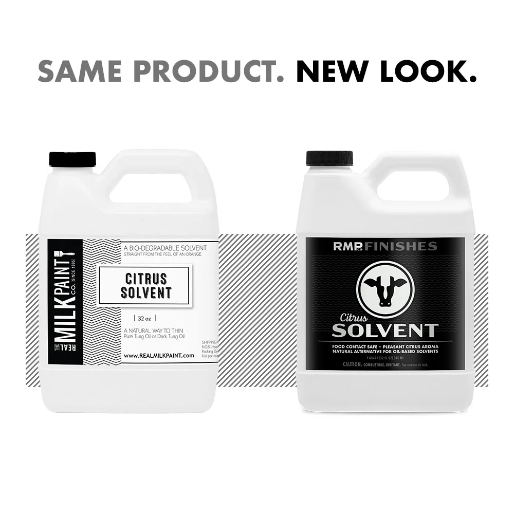 Real Milk Paint Co Citrus Solvent transitioning to RMP Finishes Citrus Solvent. The image shows the old and new bottles side-by-side with the text: Same Product. New Look.
