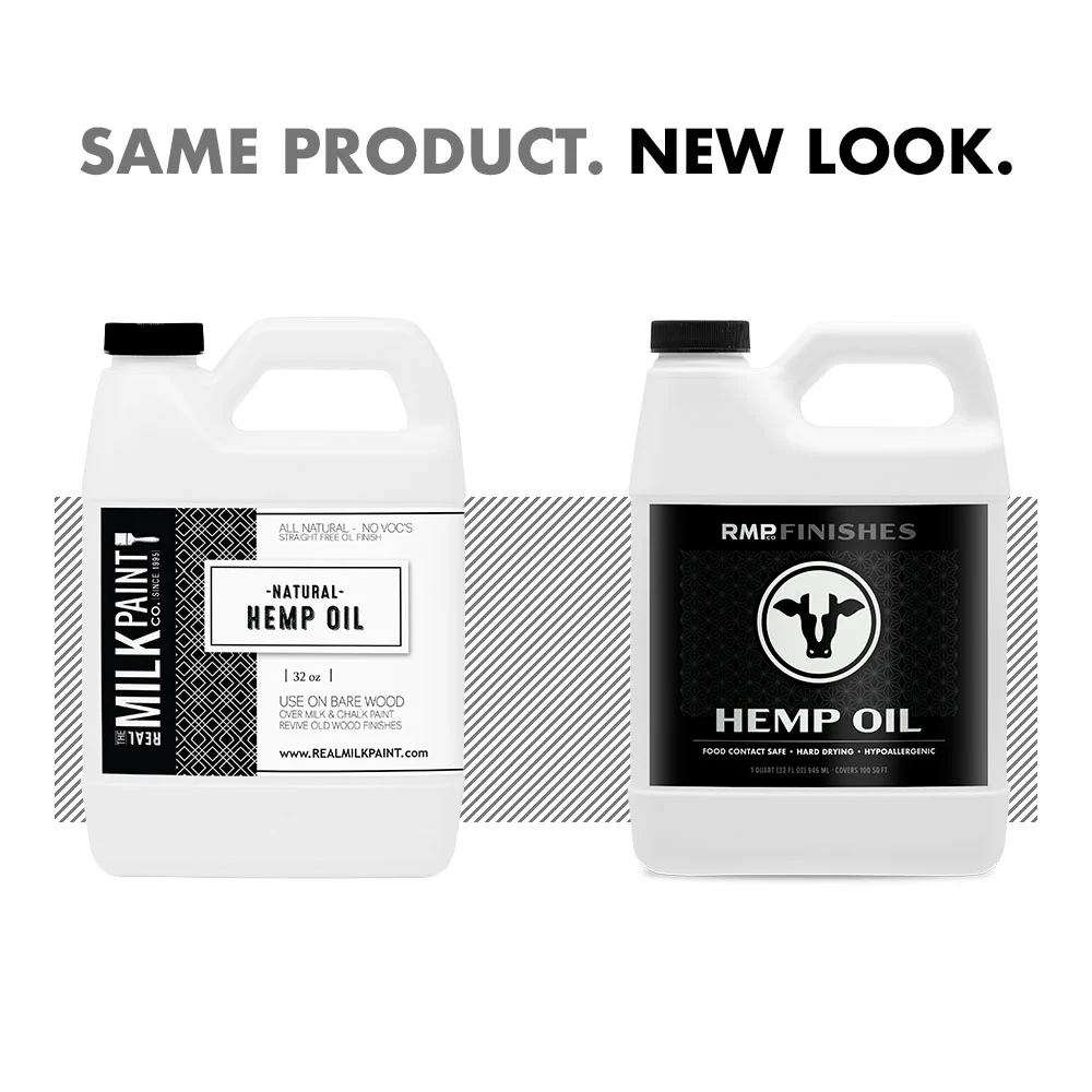 Real Milk Paint Co Hemp Oil transitioning to RMP Finishes Hemp Oil. The image shows the old and new bottles side-by-side with the text: Same Product. New Look.