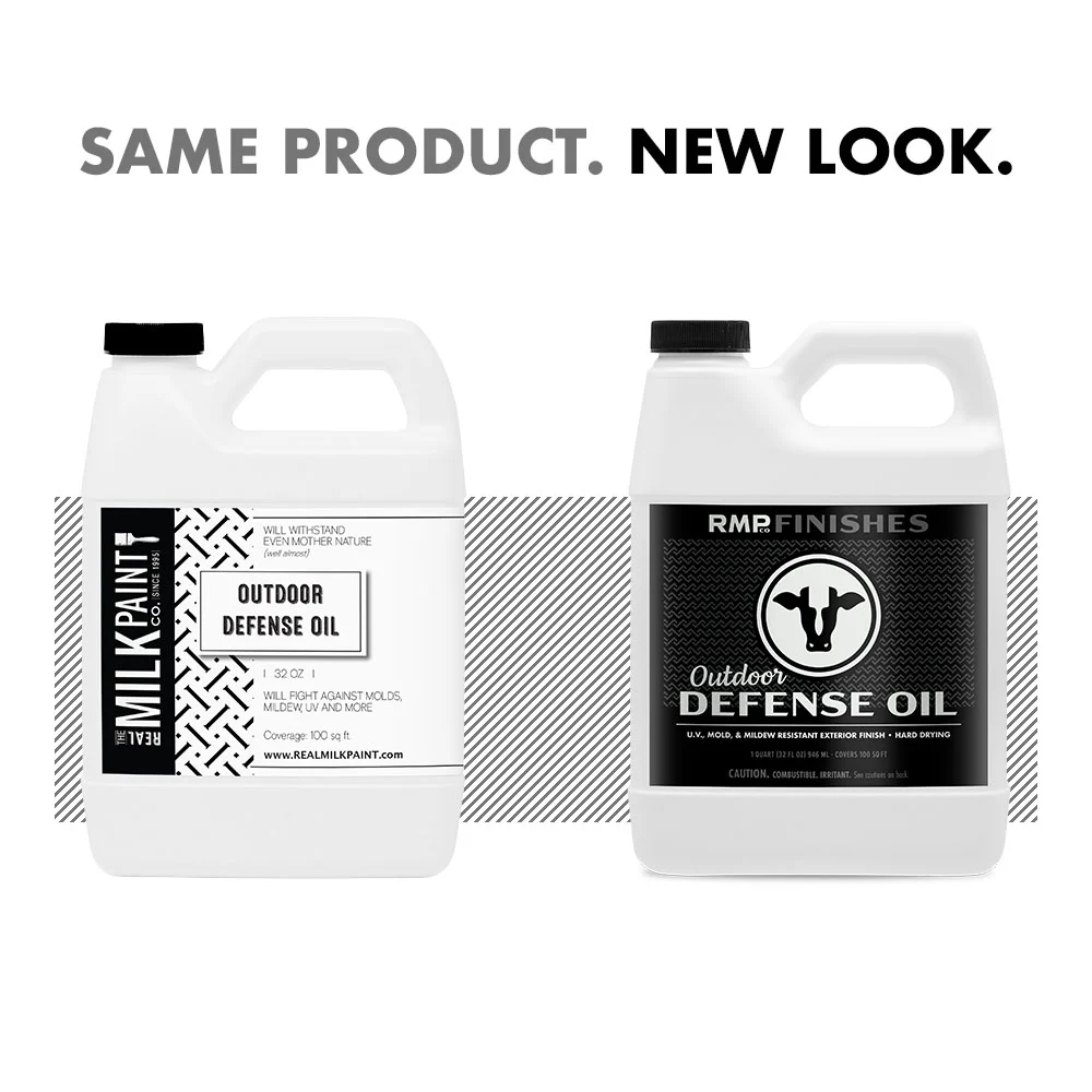 Real Milk Paint Co Outdoor Defense Oil transitioning to RMP Finishes Outdoor Defense Oil. The image shows the old and new bottles side-by-side with the text: Same Product. New Look.