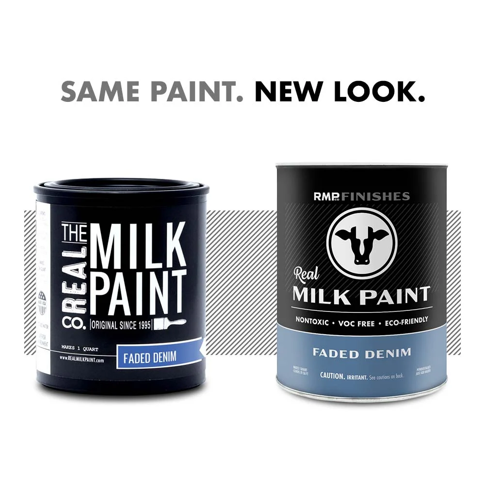 Milk paint by RMP Finishes: The new look for Real Milk Paint Co Faded Denim milk paint. Same milk paint formula, new packaging design.