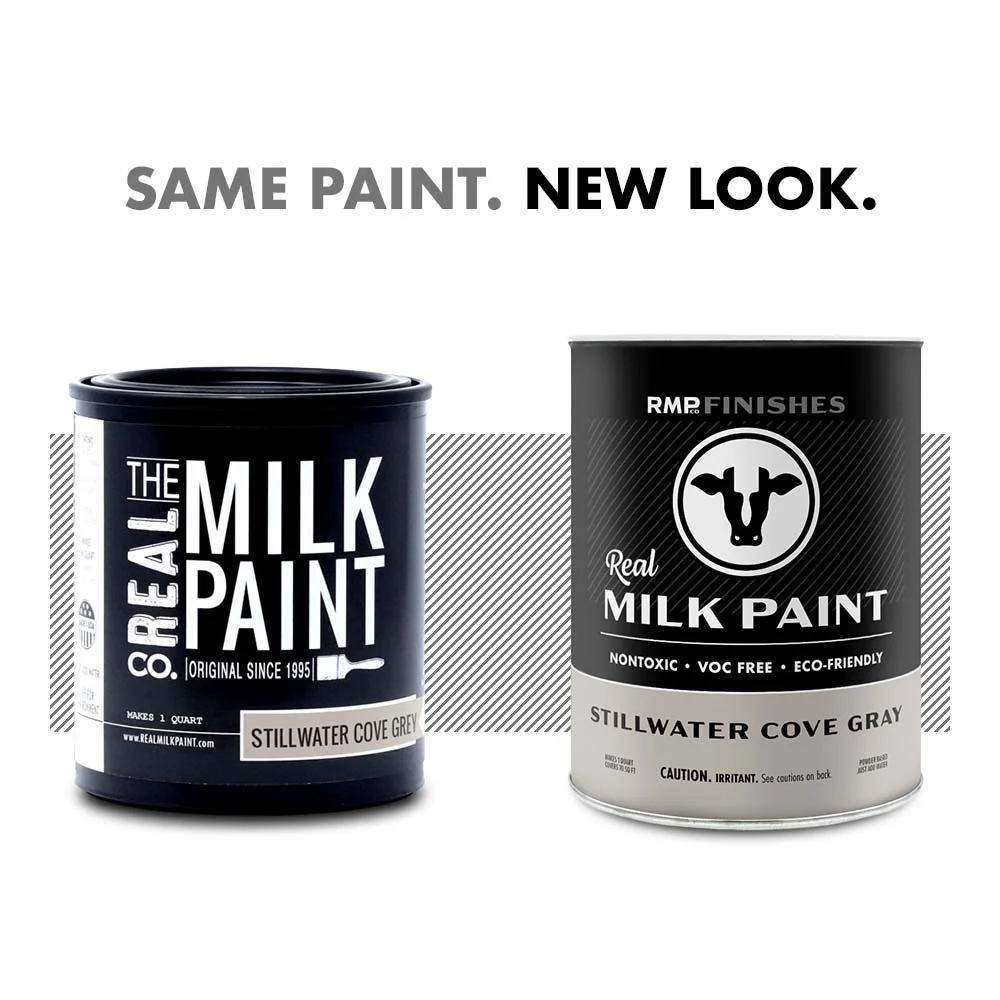 Milk paint by RMP Finishes: The new look for Real Milk Paint Co Stillwater Cove Gray milk paint. Same milk paint formula, new packaging design.
