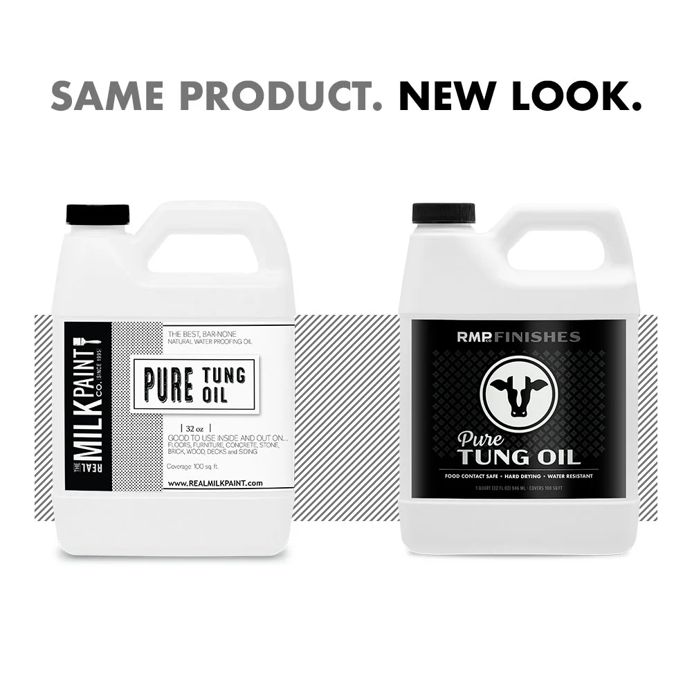 Real Milk Paint Co Pure Tung Oil transitioning to RMP Finishes Pure Tung Oil. The image shows the old and new bottles side-by-side with the text: Same Product. New Look.