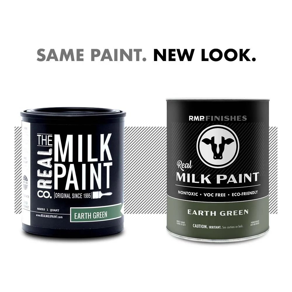 Milk paint by RMP Finishes: The new look for Real Milk Paint Co Earth Green milk paint. Same milk paint formula, new packaging design.
